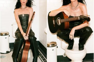 flushed with success Katy Perry, 40, is all smiles as she poses in green PVC set while holding a guitar on a toilet ahead of UK tour