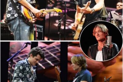 Under the soft glow of the stage lights, two guitar legends stand side by side—John Mayer and Keith Urban, a duo bound by music and mutual respect. The first notes of Don’t Let Me Down spill into the air, rich and soulful, setting the tone for a performance that is both intimate and electrifying. Mayer’s smooth, bluesy touch blends effortlessly with Urban’s raw, passionate delivery, their voices intertwining in perfect harmony. The chemistry between them is undeniable—Mayer adjusting Urban’s strap, Urban guiding Mayer’s vocals—two masters elevating each other in the name of music. As the final chord rings out, the crowd is left in a trance, witnessing not just a cover, but a moment of pure artistic connection.