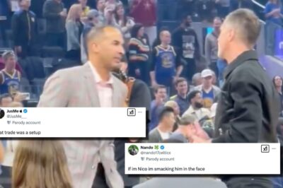 “That Trade Was A Setup”- The Entire Internet Erupts Over Rob Pelinka And Nico Harrison Having A Conversation During The Warriors-Mavericks Game